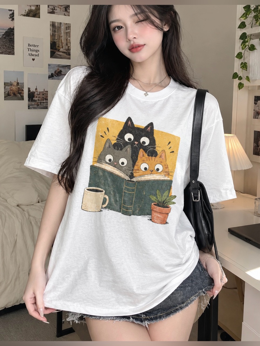 Cats Reading Book Coffee Plant Cozy Bookish Cat Mom Graphic Tee